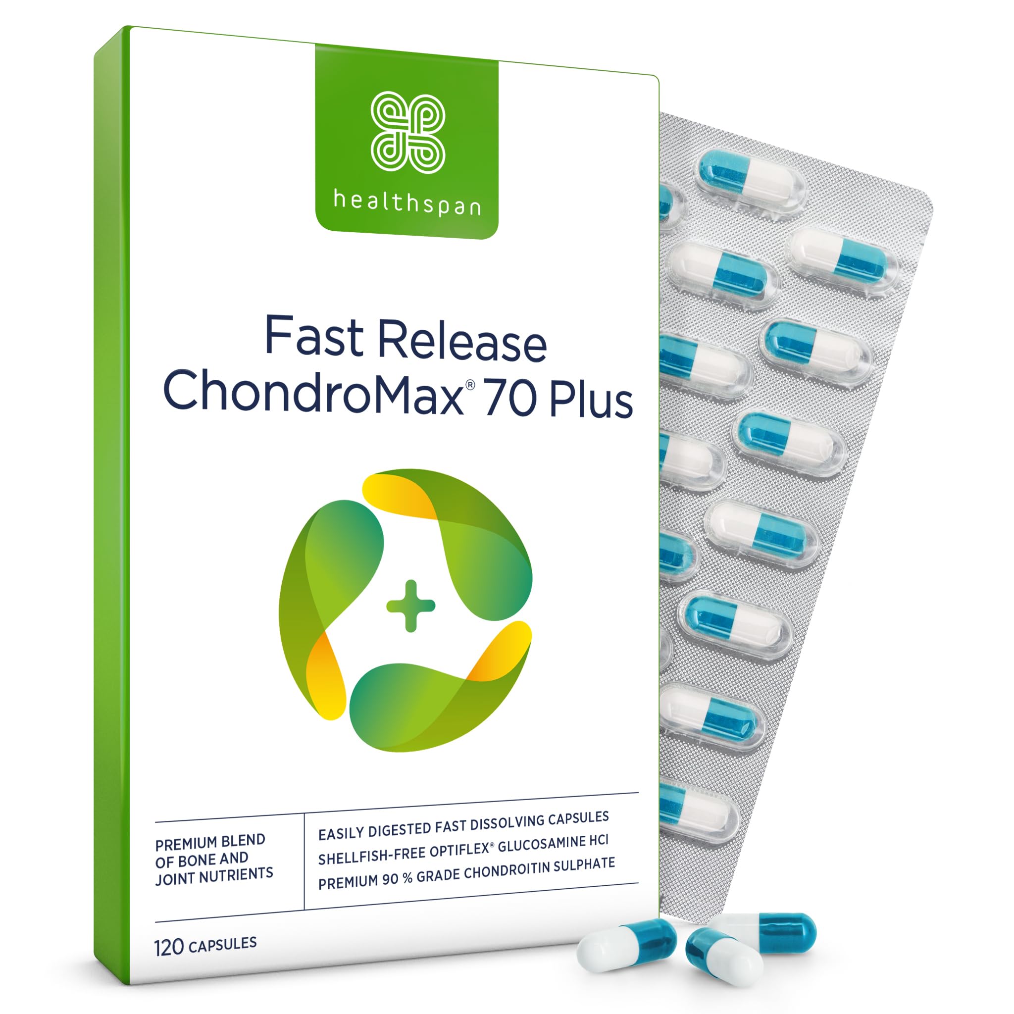 Healthspan Glucosamine & Chondroitin 70 Plus (120 Tablets) | 375mg Glucosamine & 300mg Chondroitin | Joint & Cartilage Support for Over 70s | with Calcium & Vitamin D3