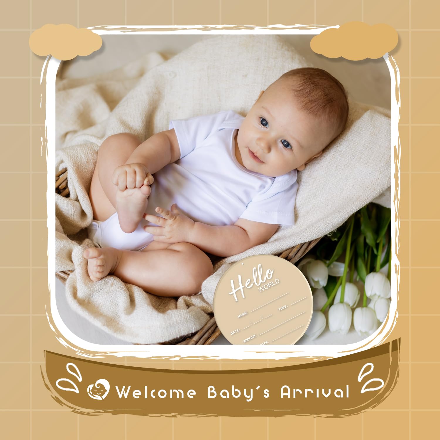 Baby Announcement Sign, 6.7 Inch Hello World Newborn Sign, Thickness Upgrade Birth Announcement Sign for Hospital, Nursery Baby Shower (Cream)