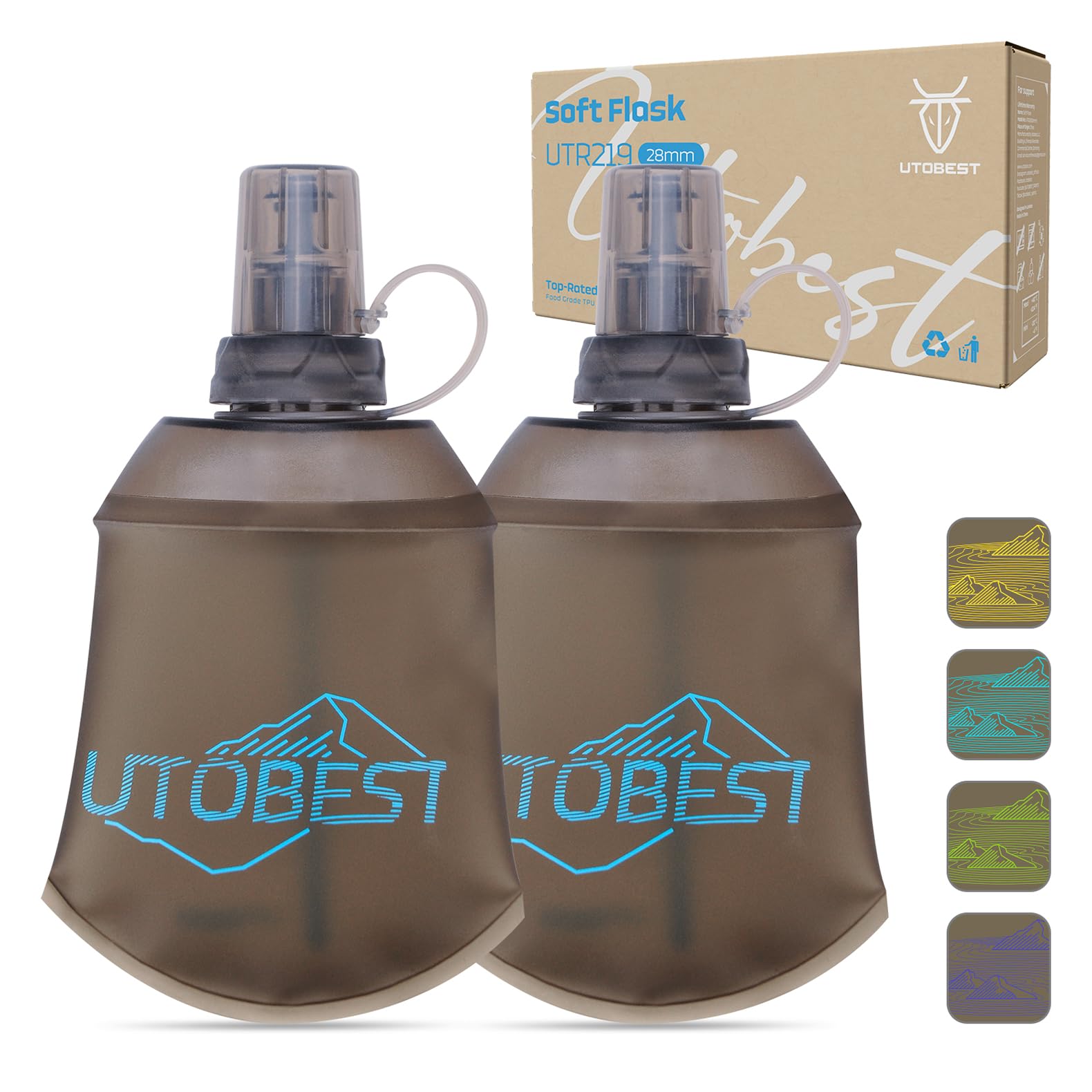 Photo 1 of UTOBEST 150ml Soft Flask, 2 Pack Flexible TPU Hydration Water Bottle, Collapsible with 28mm Caliber for Running, Hiking, Cycling, Climbing, and Marathon Blue