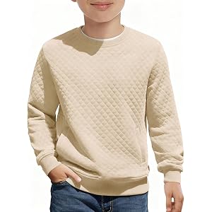 Haloumoning Boys Quilted Sweatshirts Kids Fashion Crewneck Long Sleeve Pullover Clothes with Pockets 5-14 Years