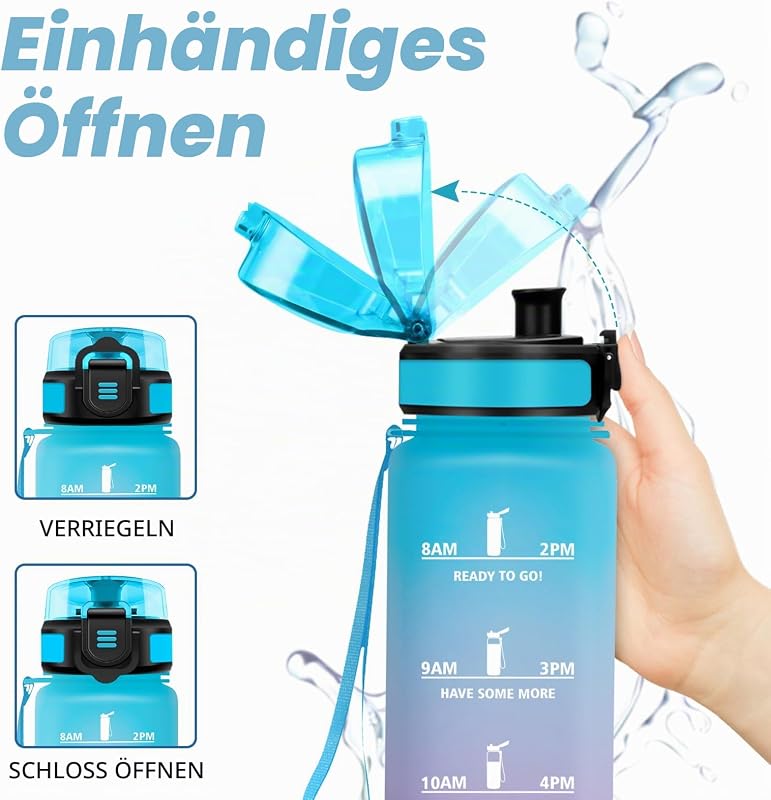 Trinkflasche 500ml, Motivierende Trinkflasche mit Zeitmarkierung, Auslaufsicher, Wasserflasche mit Filte, Kohlensäure Geeignet, Sport Wasserflasche für Radfahren, Schule