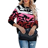 ANCAPELION Women’s V Neck Sweater Pullover Leopard Long Sleeve Basic Color Block Jumper Casual Knitted Tops
