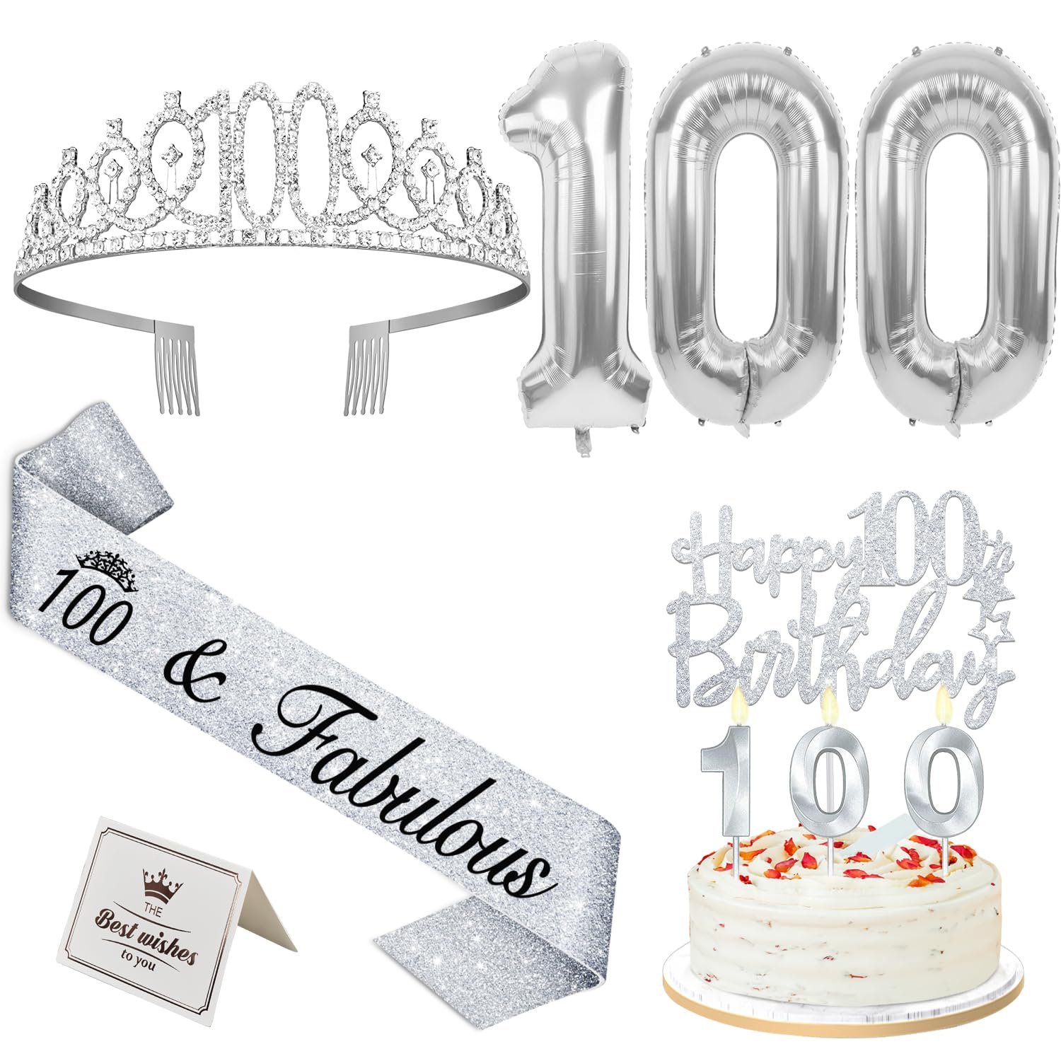 Photo 1 of 100th Birthday Decorations for Women Silver with 100th Birthday Sash and Tiara, Cake Topper and Candles, Silver Number Balloons, 100 Year Old Gifts for Women