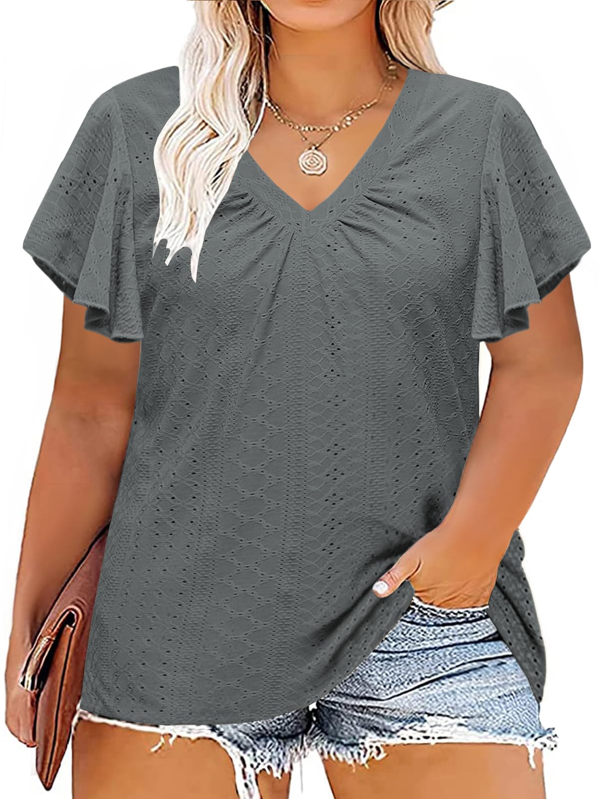 Photo 1 of 2X Tops for Women Plus Size Cute Comfortable V-Neck Short Sleeve Shirts Gray 2XL