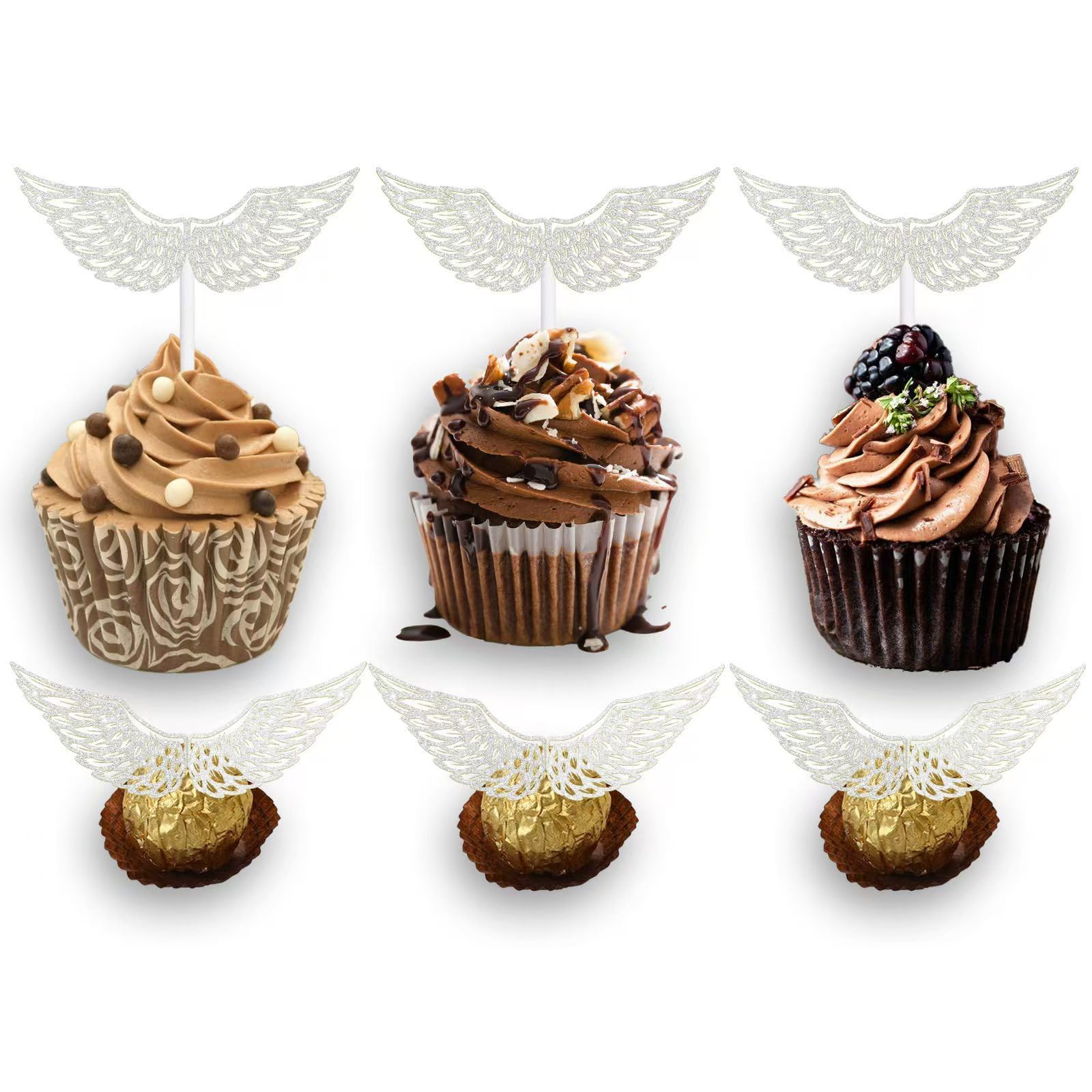 Photo 1 of 36pcs White Glitter Dessert Cupcake Topper Chocolate Decoration Angel Wings Theme Decor Supplies Women Ballet Girls Happy Birthday Mother's Day Baby Shower Party Decorations