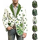 St Patty's Day Outfit for Men Green Shamrocks Print Corduroy Lapel Slim Fit Blazer Jacket Casual Suit Coat(S-4XL)