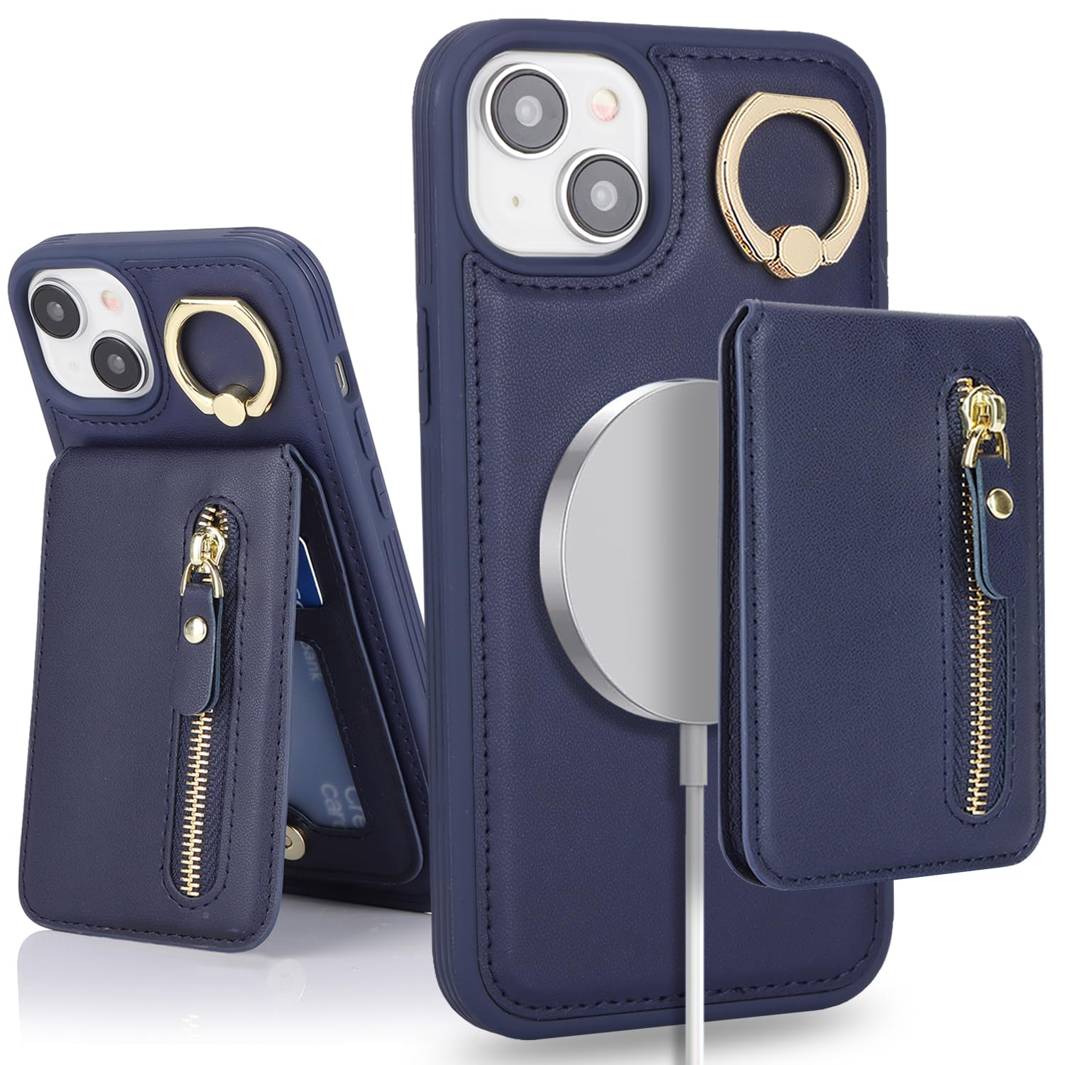 SailorTech iPhone 15 Phone Leather Case with Credit Card Holder Magsafe, iPhone 15 Case Ring Stand with Kickstand Card Slots Wallet Detachable 2-in-1 Zipper Case - Navy Blue โ image 1