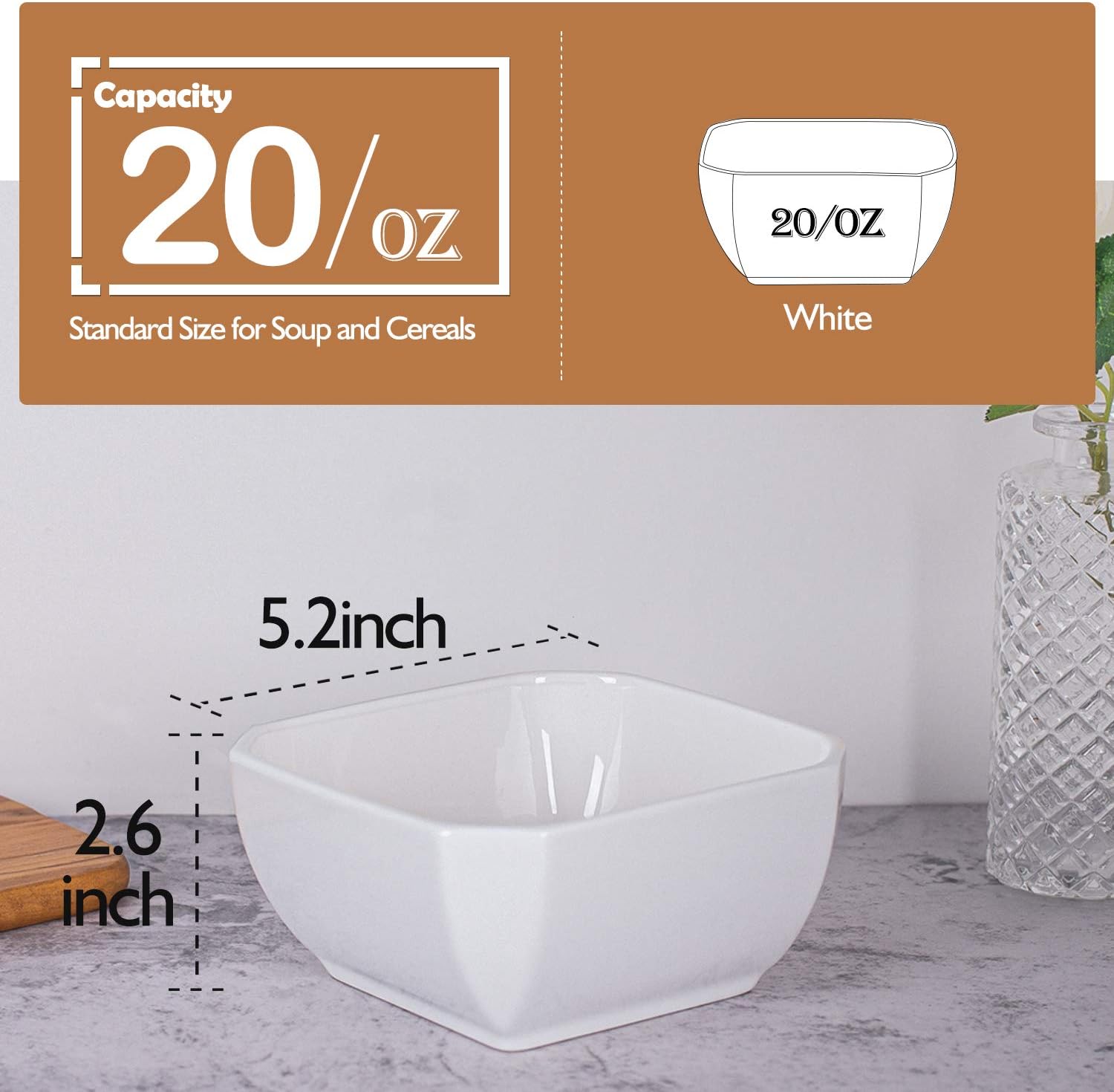 Delling Ultra-Strong 20 Oz Ceramic Soup Bowls - Square Cereal Bowls Set of 6, Snack/Rice Bowls for Soup, Dessert, Rice, White: Kitchen & Dining
