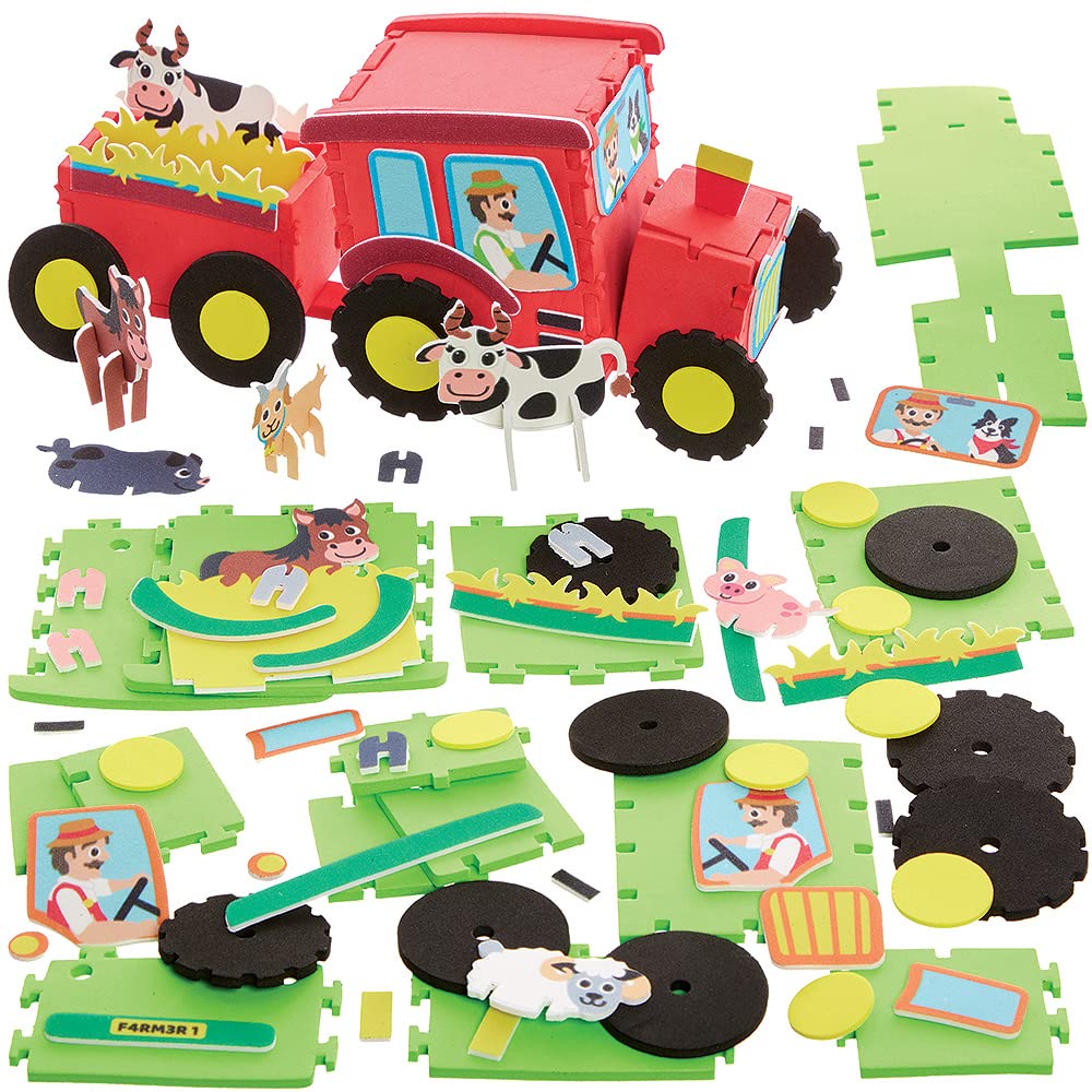 Baker Ross FX566 Tractor Kits - Pack of 2, Foam 3D Arts and Crafts Kits for Kids, Green,Red