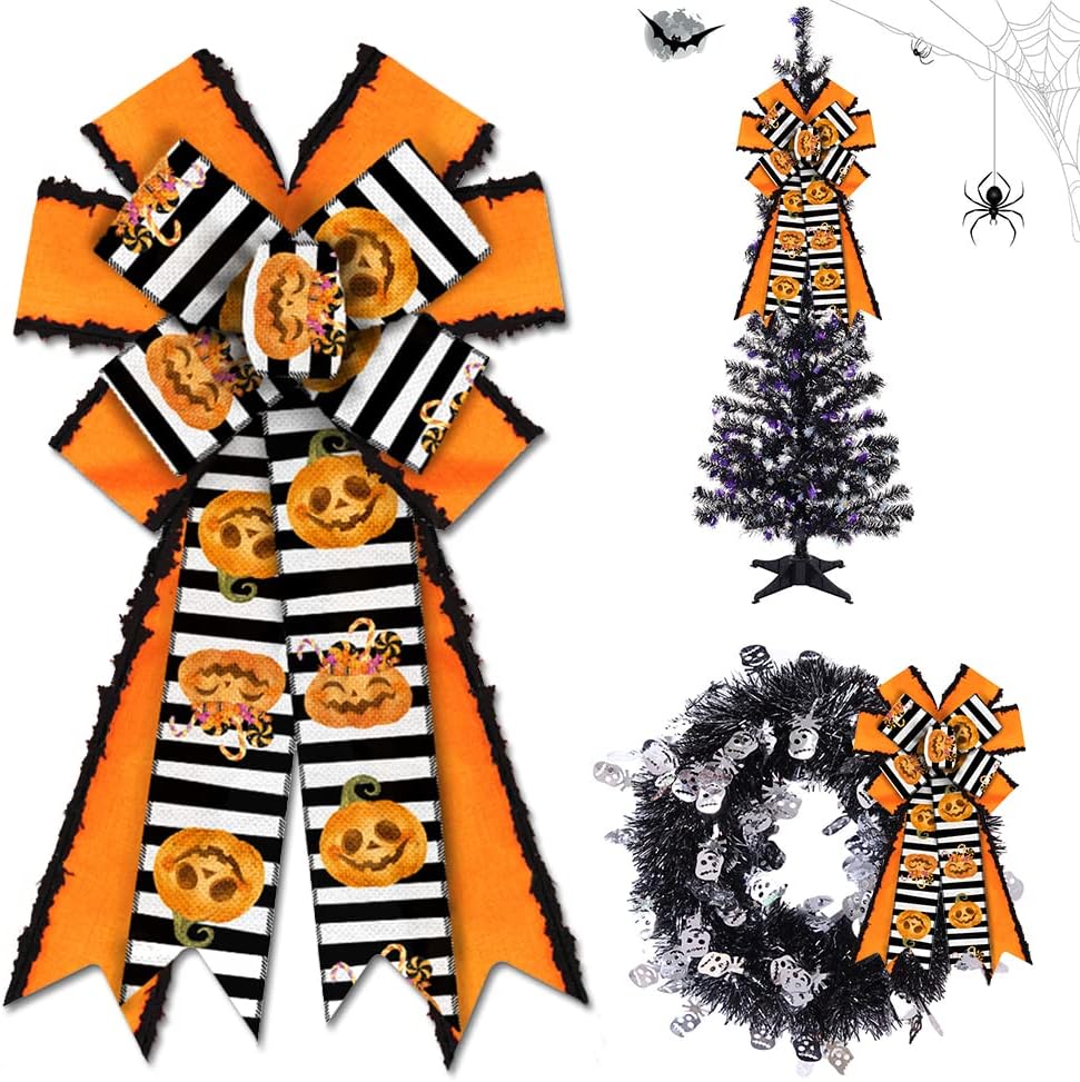 Bows & Ribbons - Estivaux Large Halloween Bows for Wreath, Halloween Pumpkin Wreath Bows Fall Orange Burlap Bows Black White Stripes Bows Holiday Tree Topper Bows for Front Door Halloween Party Decorations