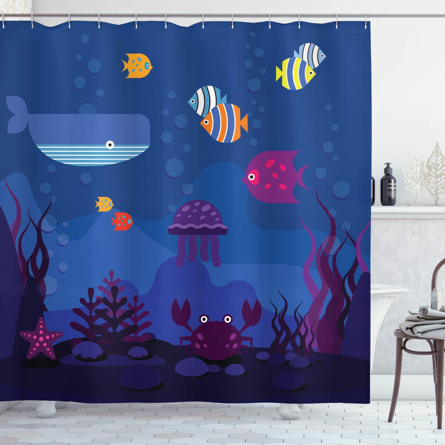 ABAKUHAUS Cartoon Shower Curtain, Underwater World Fish in Aquarium and Whale Crabs Jellyfish Bubbles Coral, Cloth Fabric Bathroom Decor Set with Hooks, 78" Inches, Multicolored and blue