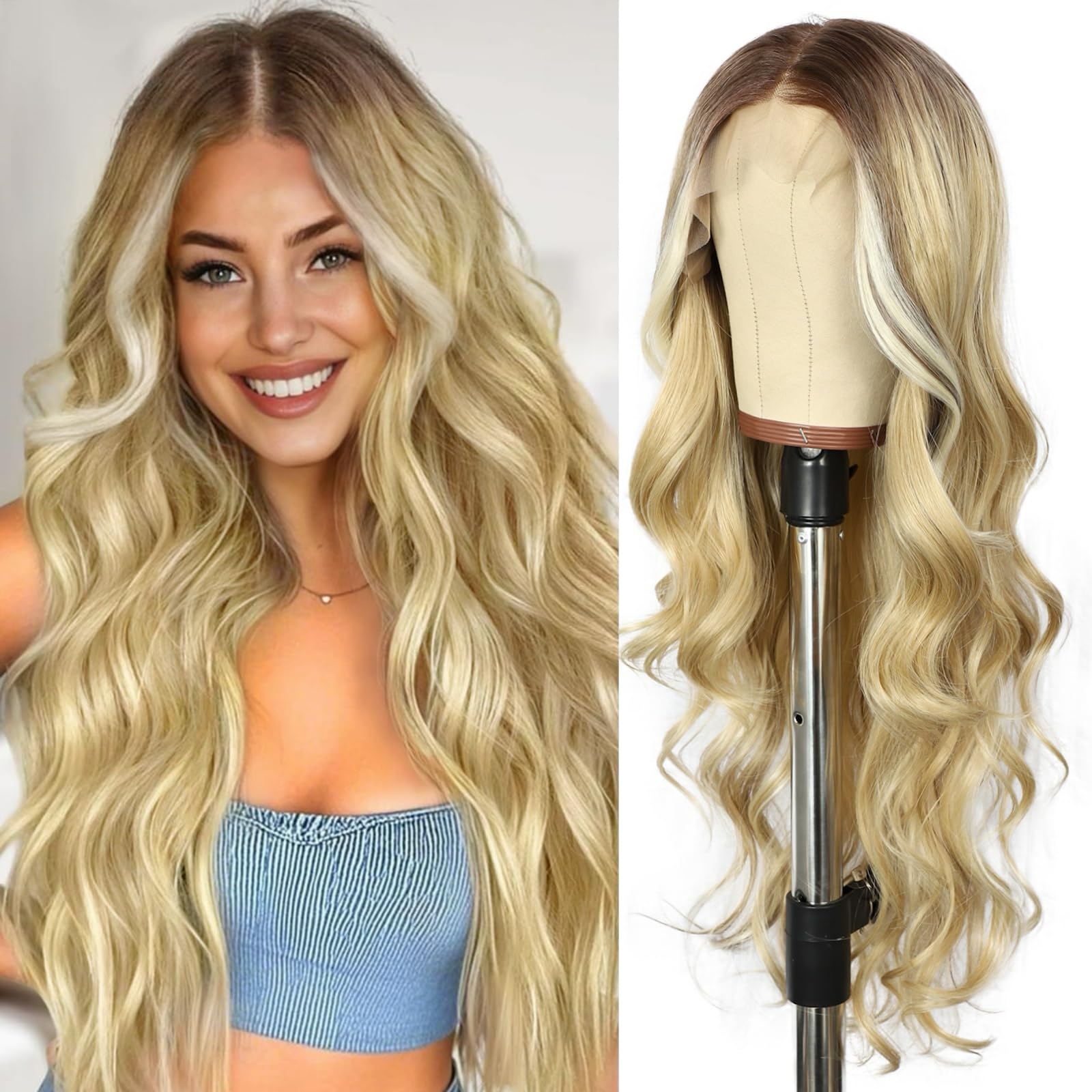 Photo 1 of SAPPHIREWIGS Long Blonde Wavy Wig for Women Curly Wavy 13×4 Lace Front Wig Highlight Blonde Wig Natural Looking Synthetic Heat Resistant Fiber Wig for Daily Party Use 26inch