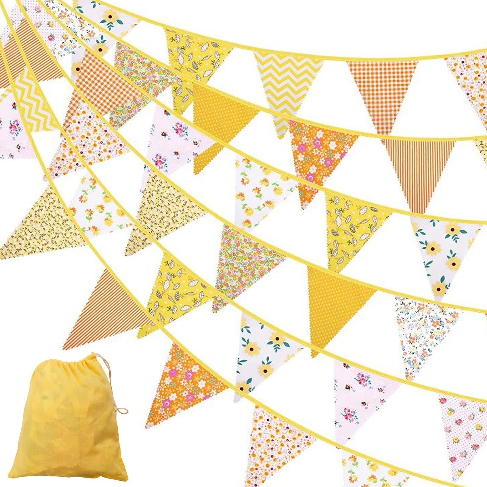 12M/40FT Fabric Bunting Decorations, 42pcs Yellow Bunting Fabric for Spring Summer Reusable Floral Banner for Garden Outdoor Afternoon Tea Triangle Flag for Easter Wedding Birthday Party Decorations.