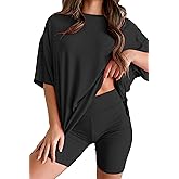 Huniam Womens 2 Piece Lounge Set 2026 Summer Travel Outfit Casual Short Sleeve Oversized Tshirts & Biker Shorts