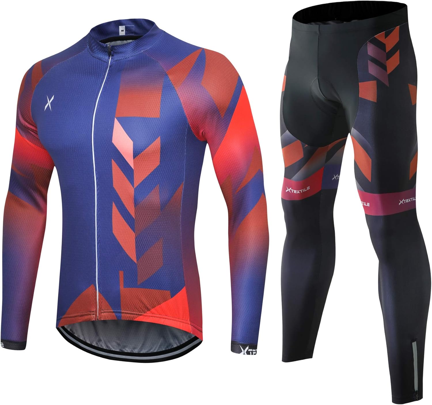 Xtextile Men's Cycling Jersey Set with Full Zipper Long Sleeves Bicycle Shirt and 4D Coolmax Padded Cycling Tights Leggings: Clothing