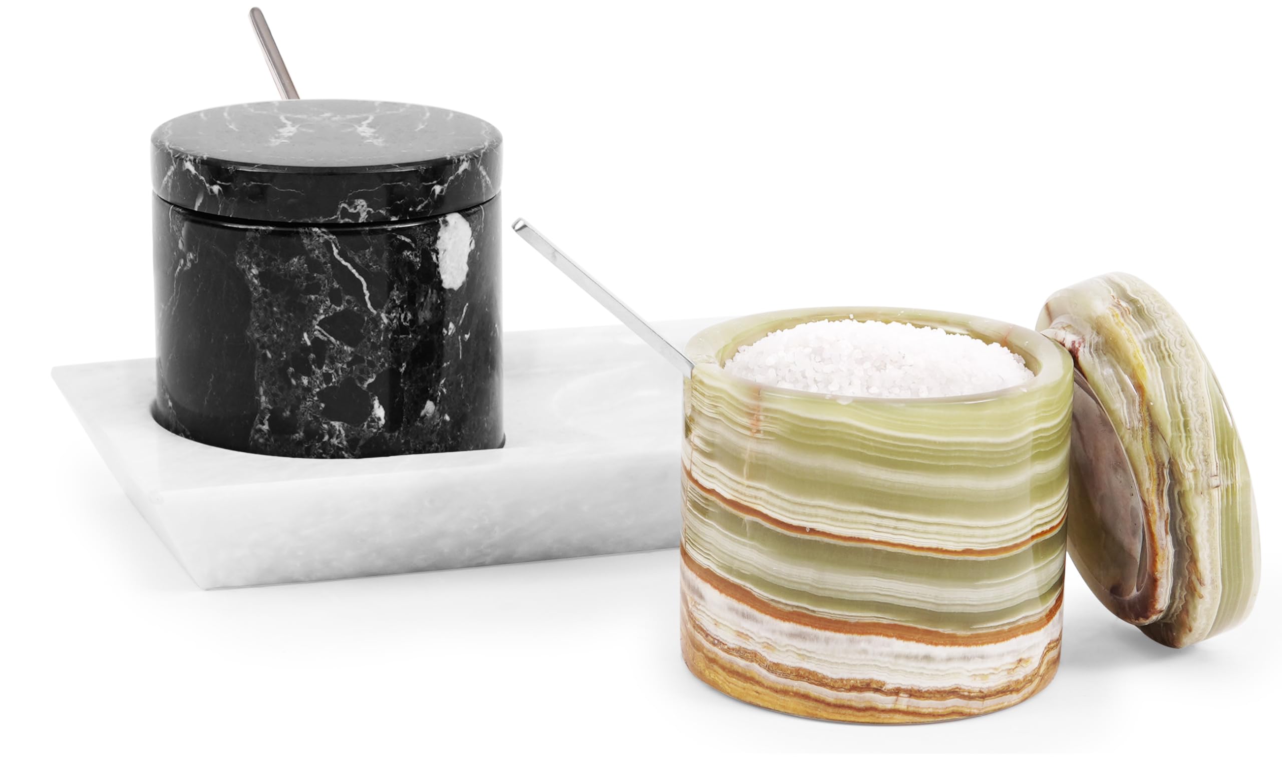 Radicaln Marble Salt Cellar and Tray Black and Green Handmade Salt Box for Set of 2 Serving Bowls with Lids - Ideal Sugar Dispenser, Salt and Pepper Bowls Kitchen Storage