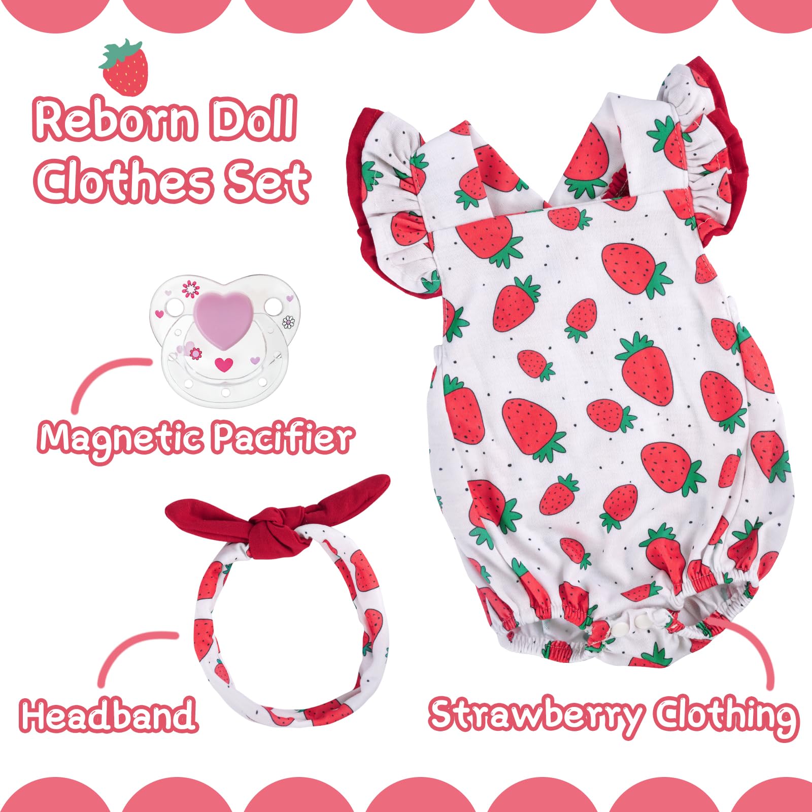 BABESIDE 3Pcs Reborn Baby Doll Clothes for 17-22 Inch Dolls,Strawberry Outfit Set with Magnetic Pacifier, Cute Baby Doll Accessories for Newborn Reborn Girl Dolls