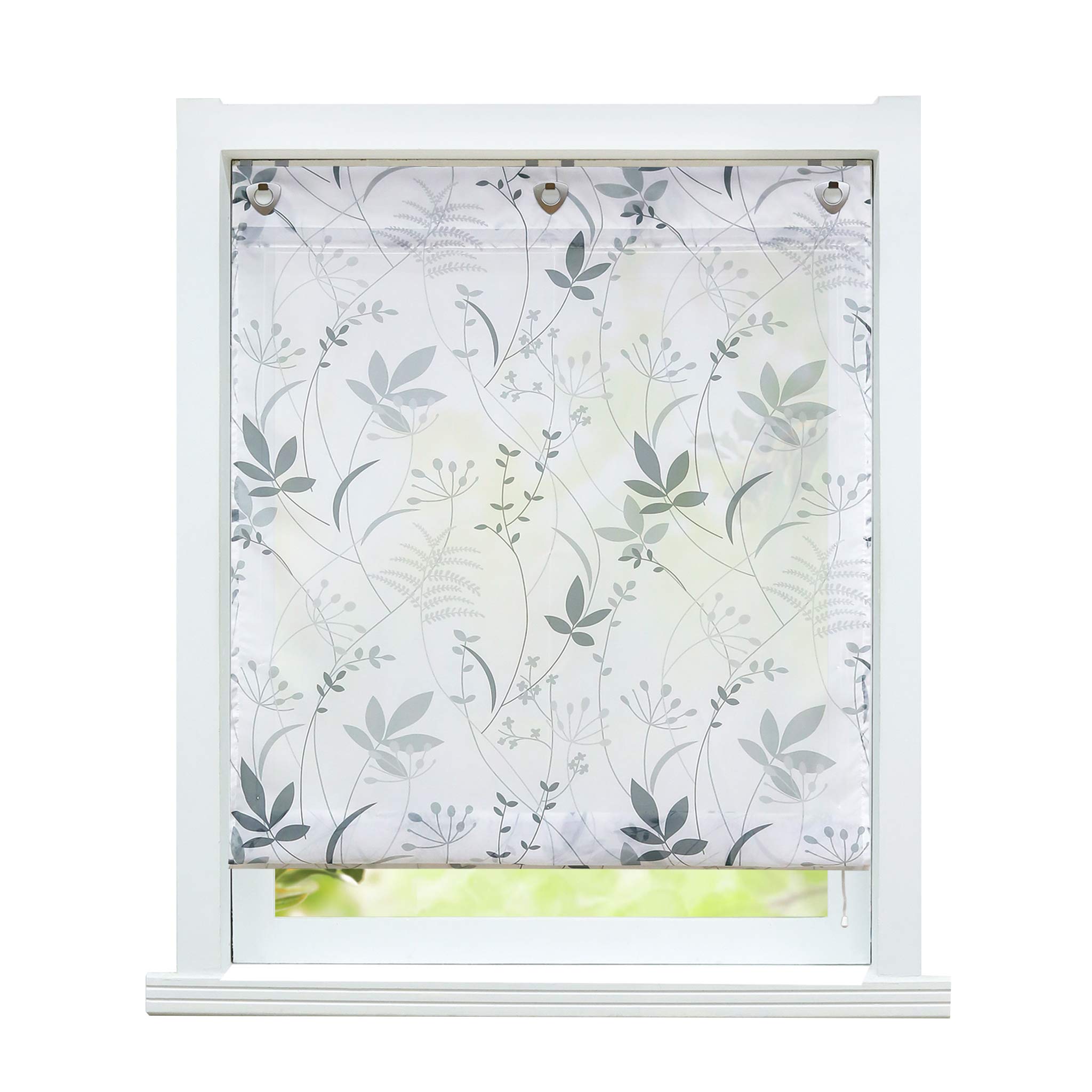 ESLIR Roman Blind No Drilling Required Roman Curtain with Eyelets Transparent Curtains with U-Hooks Eyelet Roller Blind Modern White Leaves Pattern W x H 100 x 140 cm 1 Piece