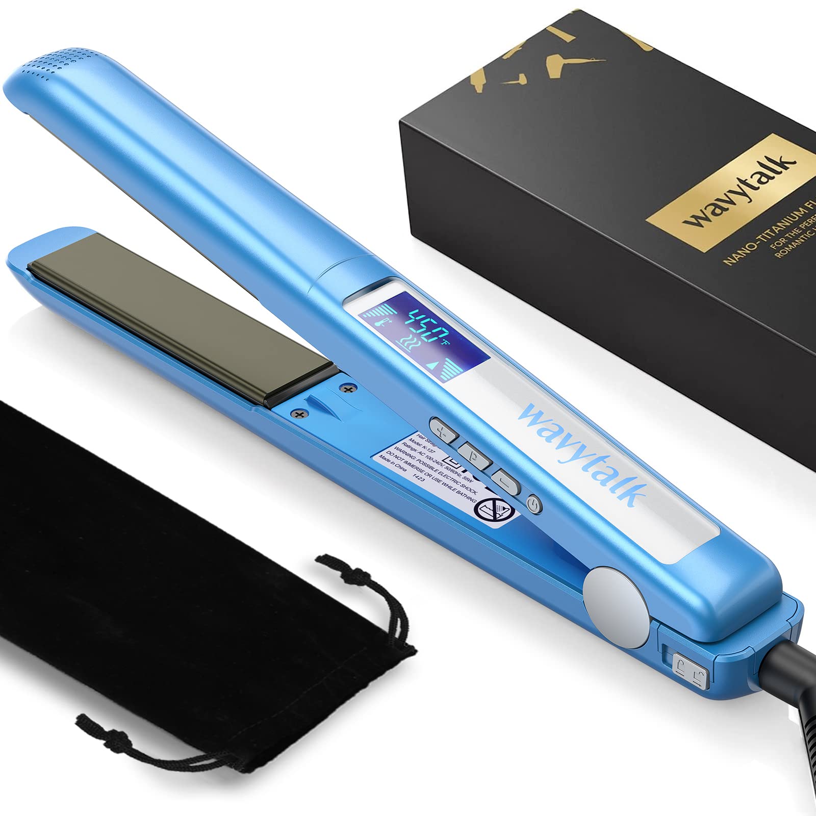 Wavytalk Pro Flat Iron (Blue), 1 inch, Pure Titanium Plates, 15 Temperature Settings, LCD Display, Dual Voltage for Worldwide Use, Hair Straightener and Curler for All Hairstyles