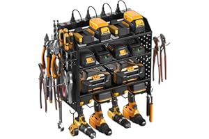 CCCEI Modular Pegboard Rack Power Tool Organizer with Charging Station. 4 Layer Wall Mount Drill Holder, Tools Battery Charger Organizer. Garage Shop Storage Utility Shelf with 6FT Power Strip. Black