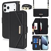 Jaorty Crossbody Wallet for iPhone 17 Pro Max Case with Strap Black Credit Card Holder,Shouler Lanyard, 6.9",PU Leather,Handbag Purse,Kickstand,Make Up Mirror Cover,for Women Girl