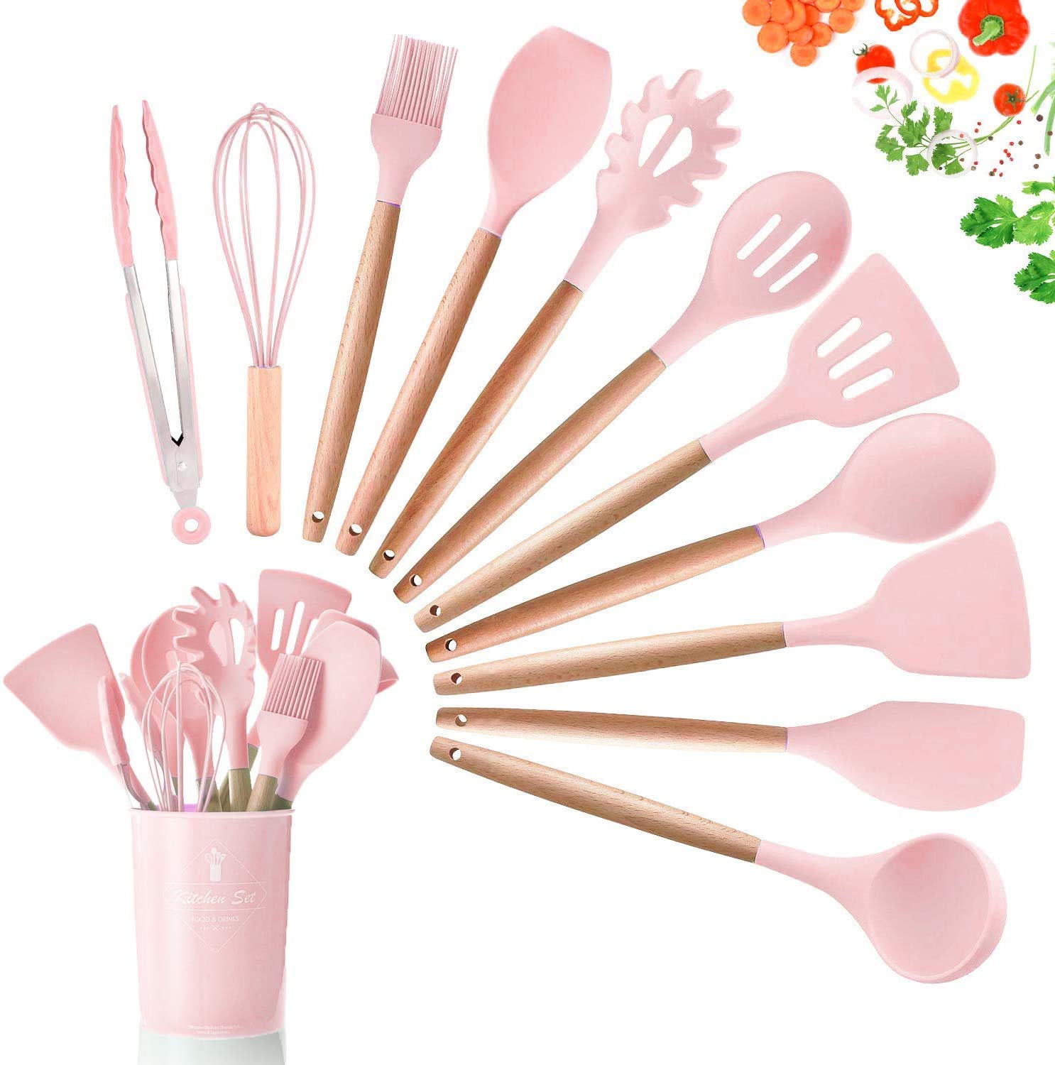 SGAONSN Kitchen Utensil Set, Silicone Cooking Utensils with Natural Wooden Handles,Nonstick Kitchen Tool Turner Tongs (12pcs) Pink
