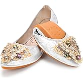 KUNWFNIX Women Ballet Flats Rhinestone Wedding Ballerina Shoes Foldable Sparkly Comfort Slip on Flat Shoes
