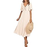 PRETTYGARDEN Summer Dress for Women 2026 Casual Short Sleeve Bow Tie V Neck Ruffle Midi Flowy Dresses