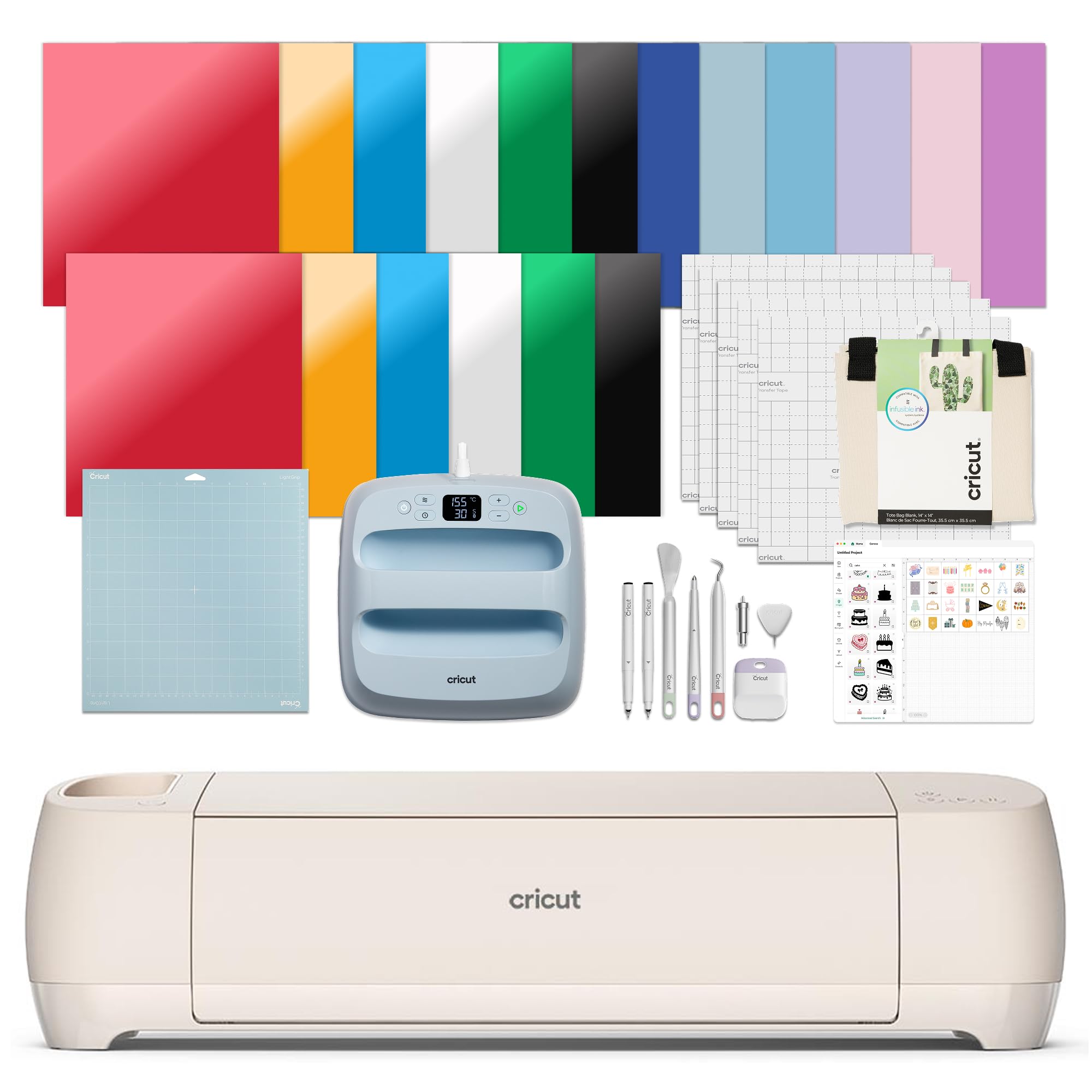 Cricut Explore 4 - Smart Cutting Machine (Seashell) | Engagement Plus Bundle - Includes EasyPress 3 Heat Press (9x9) + Mat, Tote Bag, Material Samplers, Machine Mat, Pens, Tools, & 25 Digital Images Image