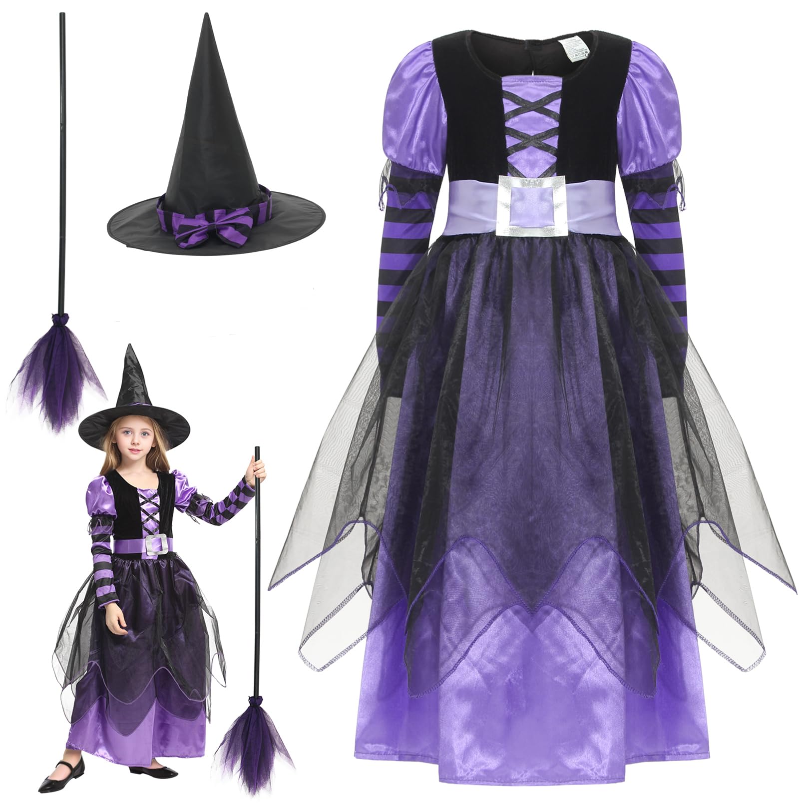 GEMVIE Girls Halloween Witch Costumes Fancy Dress Party Witch Princess Dress with Witch Hat Carnival Cosplay Costume with Broom