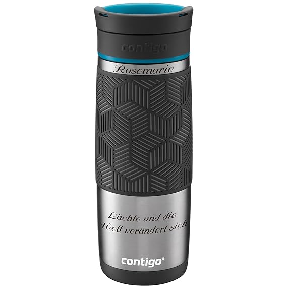 CONTIGO Thermobecher Transit Edelstahl 470 ml mit persönlicher Rund-Gravur Silikon-Manschette automatischer Autoseal-Verschluss auslaufsicher