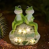 Jy.Cozy Solar Powered Frog Couple Statue with LED Lit Flowers Welcome Sign 7-Inch Tall Resin Garden Decor Romantic Ornament Gift for Porch Patio Housewarming Wedding Outdoor Decor