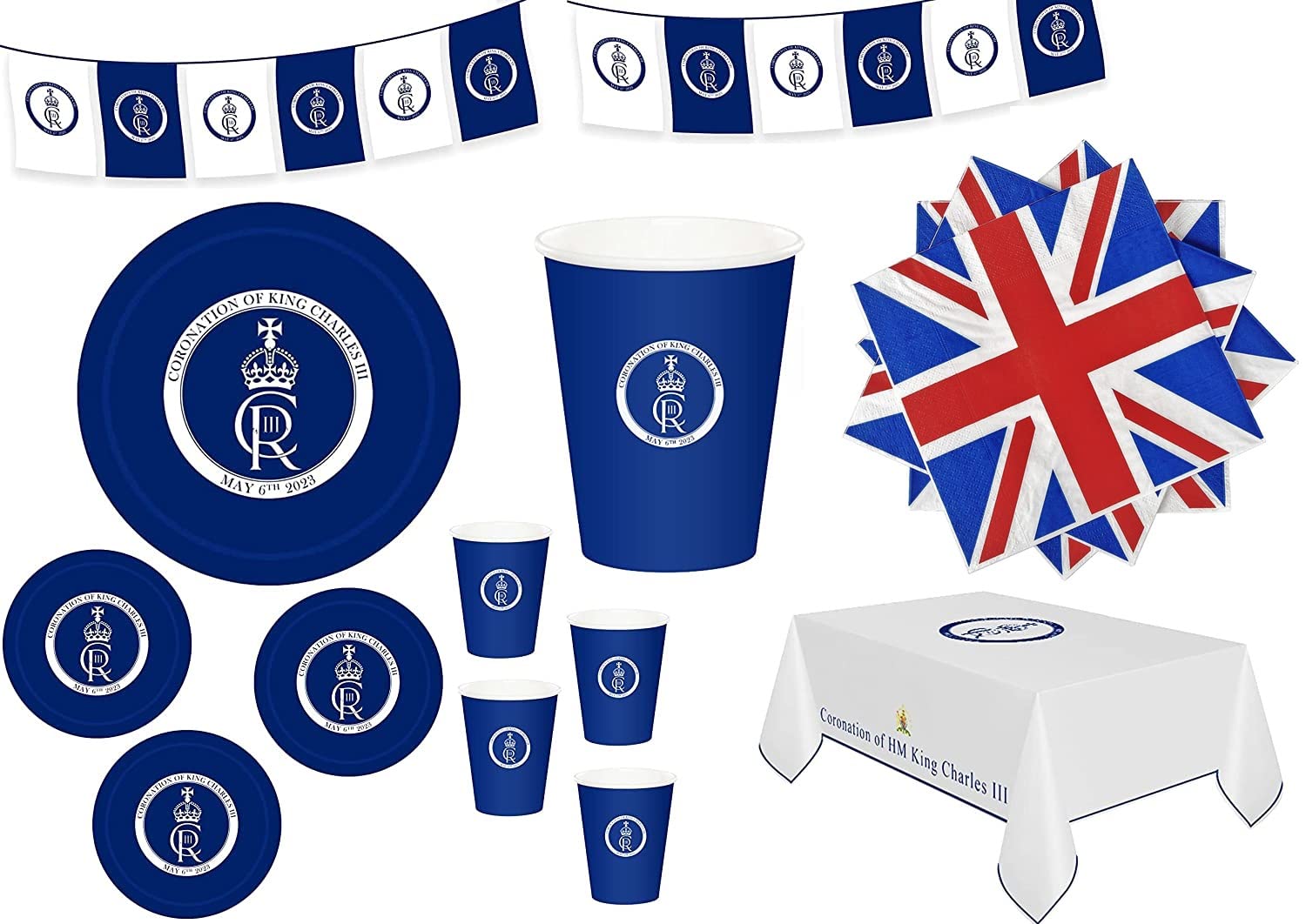 47Pcs Cups Plates Napkins Table Cover Bunting Tableware Set King Charles III White Blue King's Coronation UK British Royal Party Supplies Table Decorations Souvenir