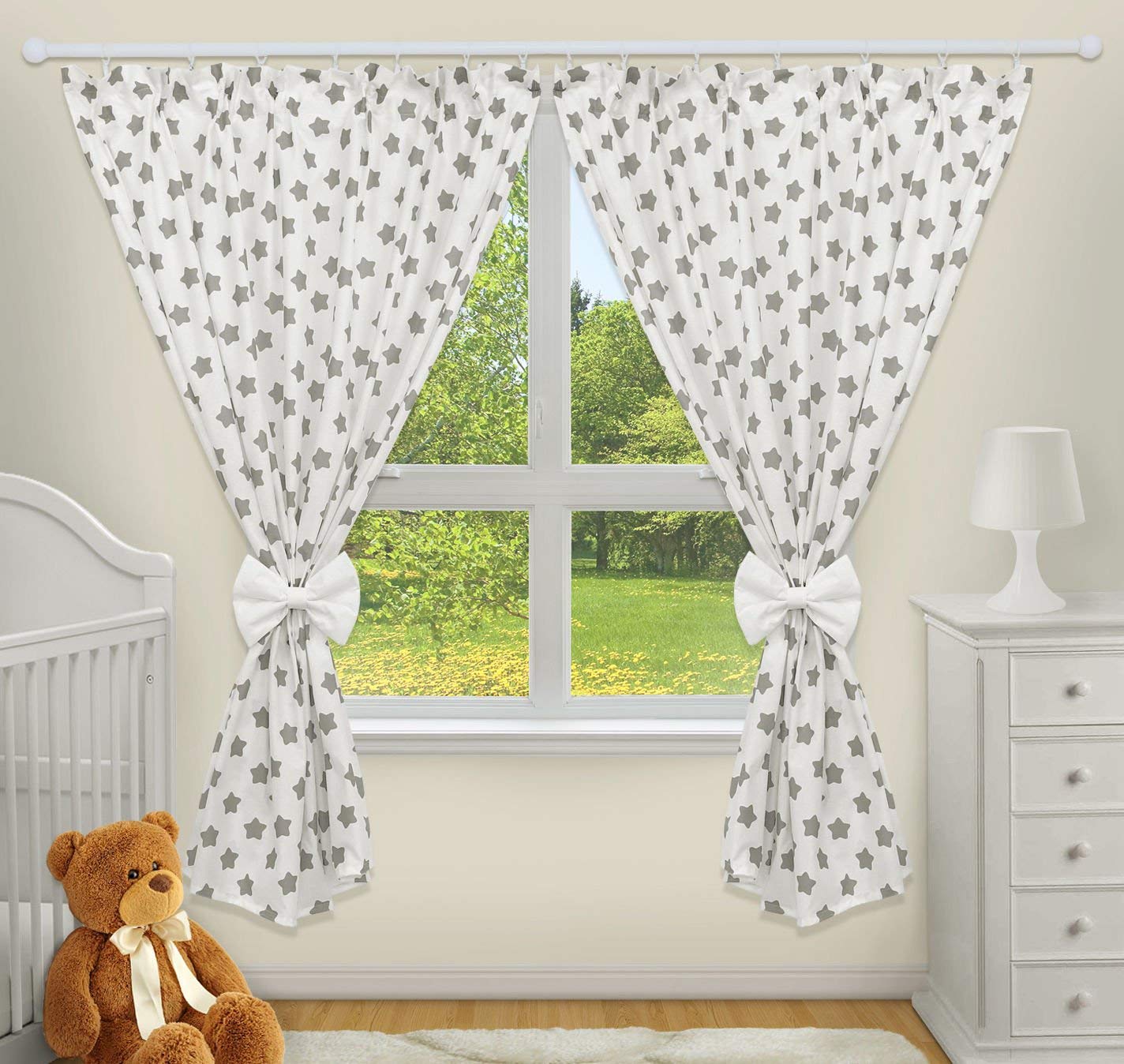 TheLittles24 Luxury Decorative Curtains for Baby Room Matching with Our Nursery Bedding Sets (Big Grey Stars on White Background)