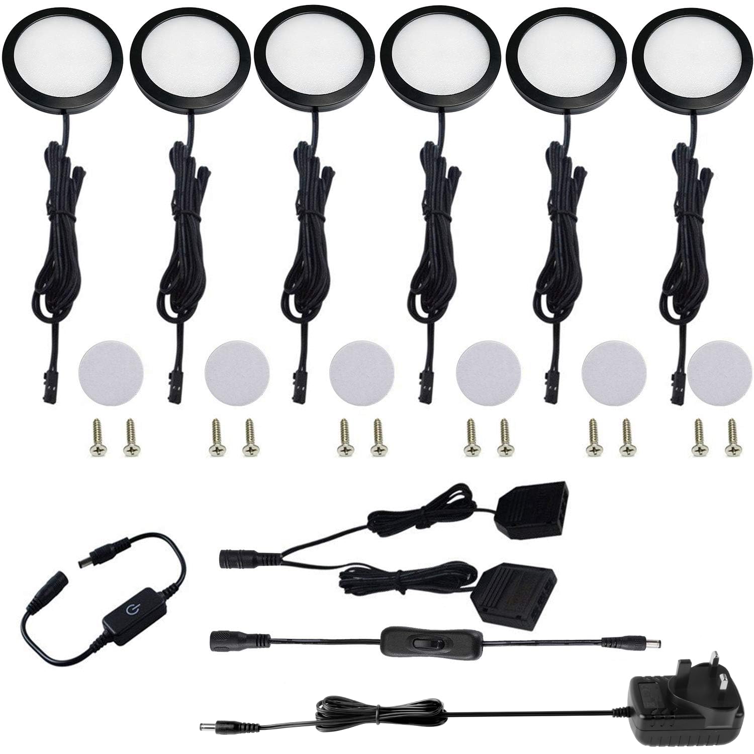 AIBOO Under Cabinet LED Black Cover Puck Lights Kit with Touch Dimmer Switch for Kitchen Cupboard Closet Lighting (6 Lights,Warm White)