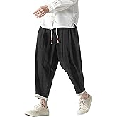 PRIJOUHE Men's Casual Capri Pants Elastic Waist Wide Leg Loose Baggy Harem Pants Breathable Summer Beach Pant
