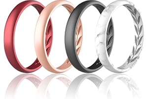 icooci 4 Packs Silicone Wedding Rings for Women, 3.5mm Metallic Thin Rubber Wedding Bands Stackable Ring, Inner Breathable Olive Leaves Design