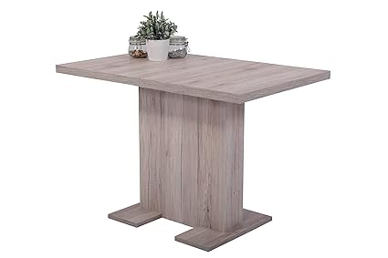 Säulenesstisch Britt, Holzwekstoff Dekor Sandeiche, ausziehbar, 110-150x69x76 cm