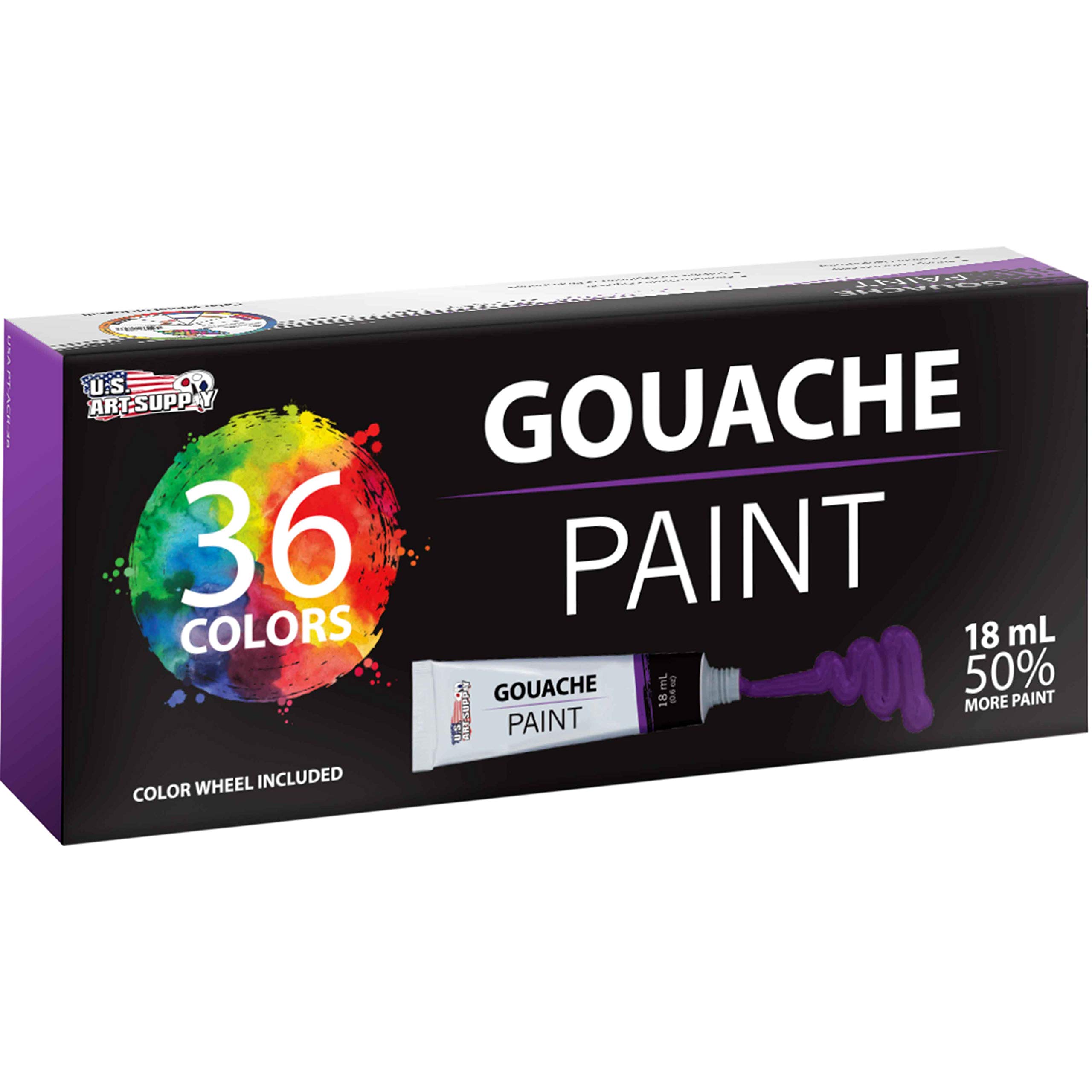 U.S. Art Supply Professional 36 Color Set of Gouache Paint in Large 18ml Tubes - Rich Vivid Colors for Artists, Students, Beginners - Canvas Portrait Paintings - Color Mixing Wheel