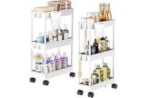 ARATAN Slim Storage Cart, 2 Pack Narrow Bathroom Cart with Wheels for Small Space Storage Small Rolling Cart with Plastic Basket&Metal Tubes for Bathroom, Laundry Room, Kitchen Narrow Bathroom Storage, White