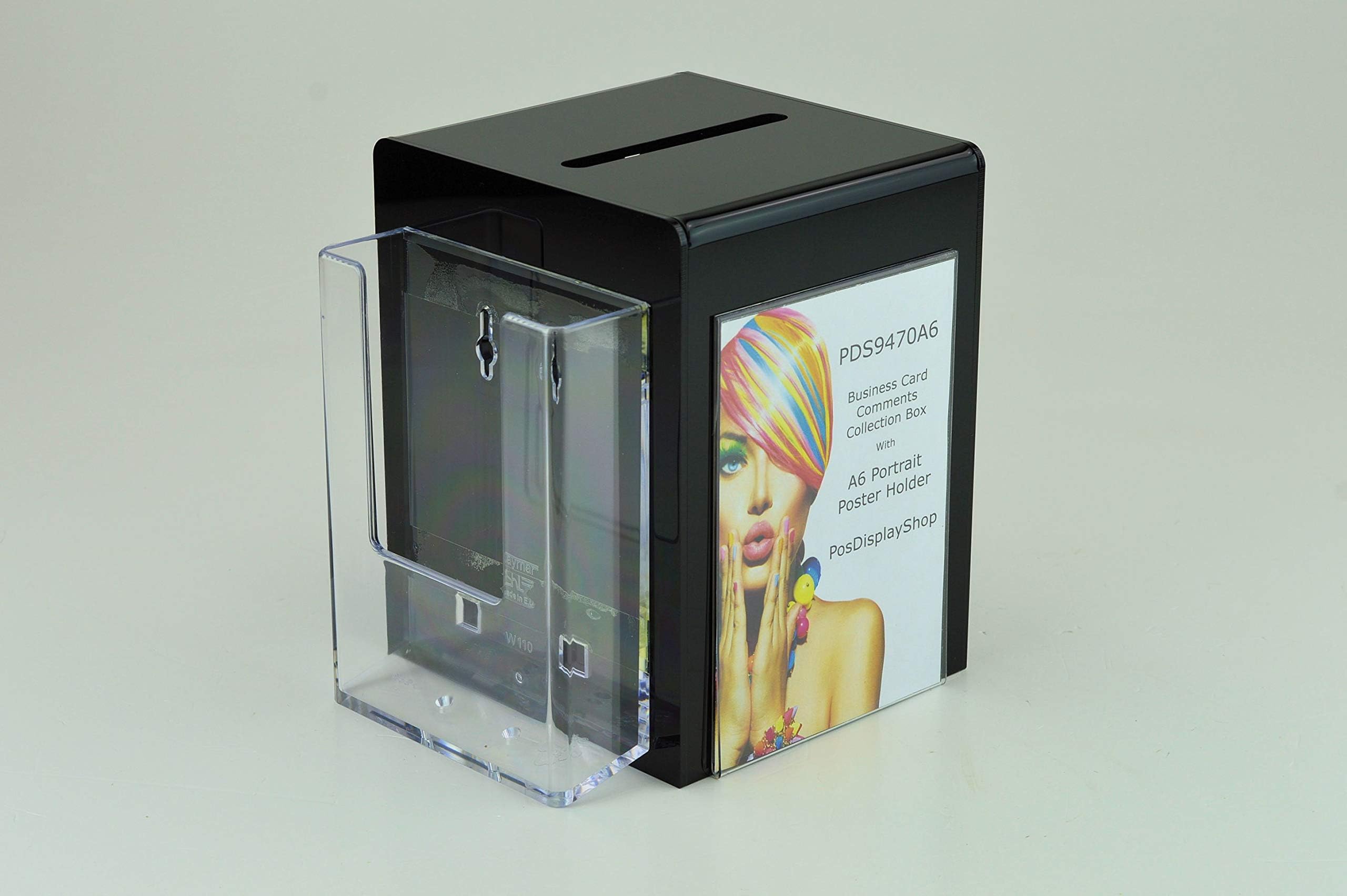 Pos Display Shop Small Black Acrylic Comment Box Collection Box Suggestion Box with A6 Portrait Leaflet Holder and Poster Holder PDS9470A6 Black