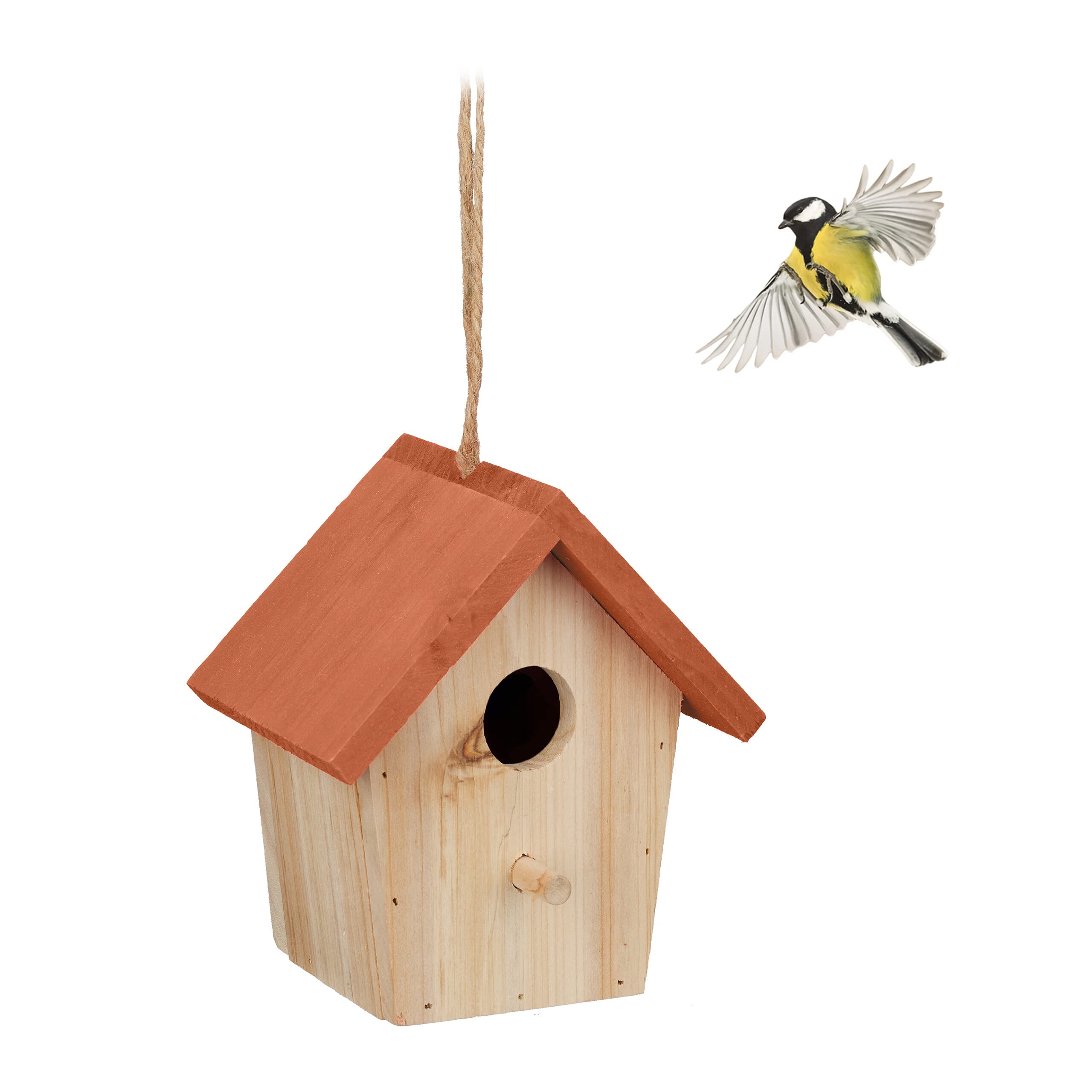 Relaxdays Decorative Birdhouse, Wood, Hanging Bird Box, 16 x 15 x 11 cm, Nest, Garden, Patio & Balcony, Natural/Orange
