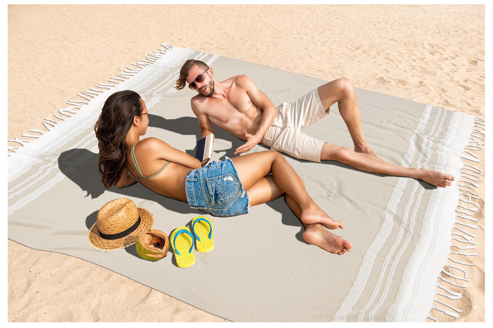 Photo 1 of Oversized Turkish Beach Towel Blanket XXL Cotton Sandproof Towels Boho Woven Extra Large Big Sand Free Giant Throw Thick Blankets Huge Quilt XL Picnic Camping Necessities Cloud For Adult Gifts Beige