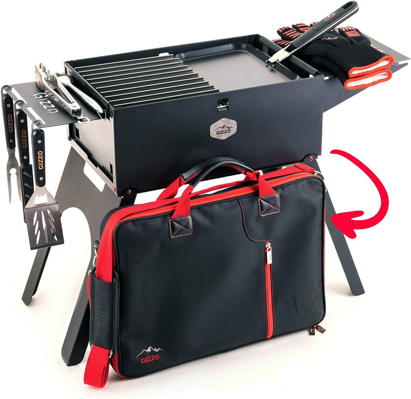 Gizzo Grill, Innovative Foldable and Portable Grill - Easy to Setup up for Camping, Picnic, Tailgating - Cool Down Under 10 Minutes - Comes with all the Necessary Accessories for Barbecue