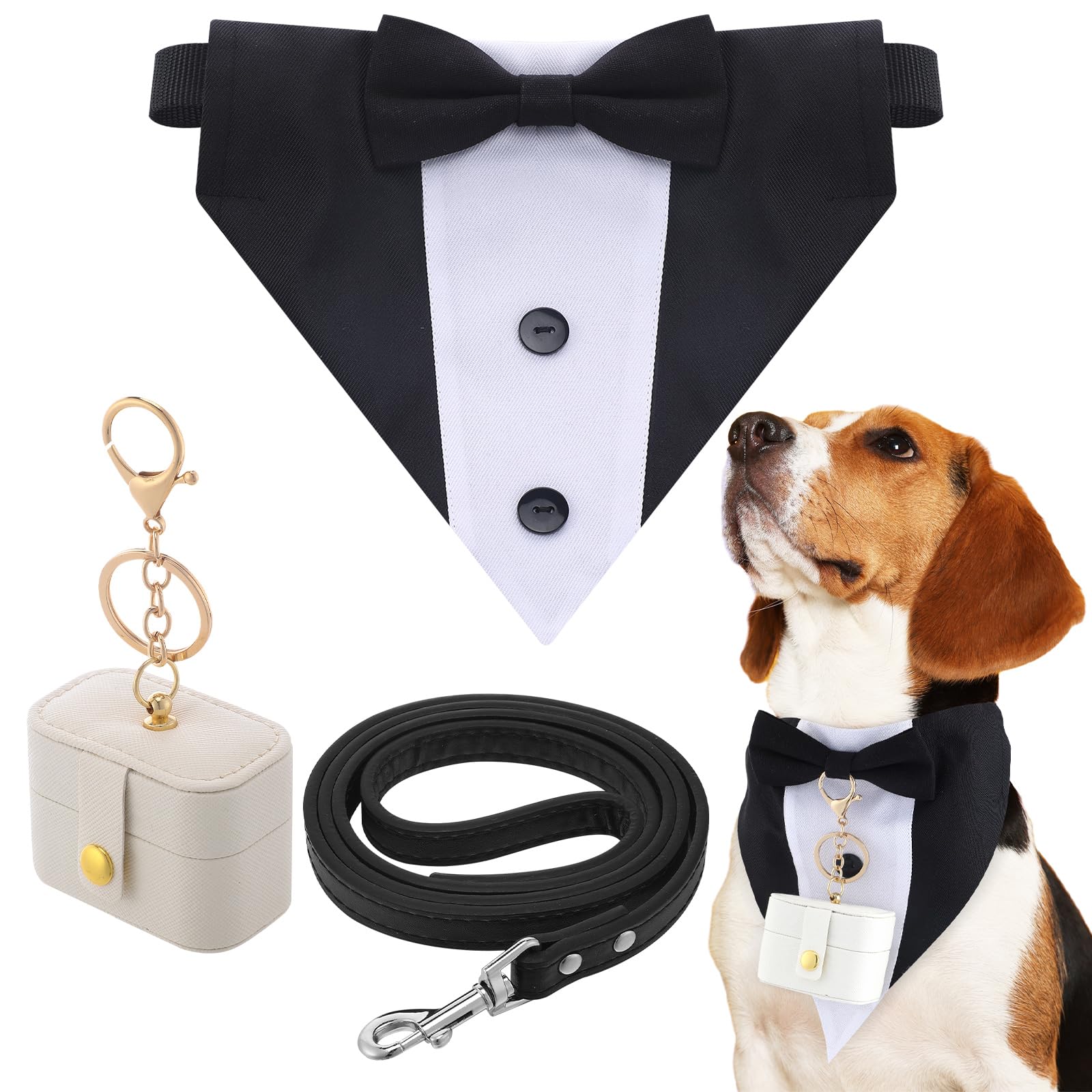 Photo 1 of Locmeo 3 Pcs Dog Wedding Collar Outfit Include Dog Tuxedo Attire Wedding Ring Bearer Ring Holder Pouch Box Adjustable Pet Neck Bow Tie with Leash