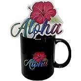 Aloha Hawaii Tropical Hibiscus Cute Graphic Ceramic Coffee Mug Tea Cup Fun Novelty Gift - Aloha 11 oz Coffee Cup With Colorful Letters To Bring a Island Vibe To Your Favorite Drink & 1 Aloha Sticker
