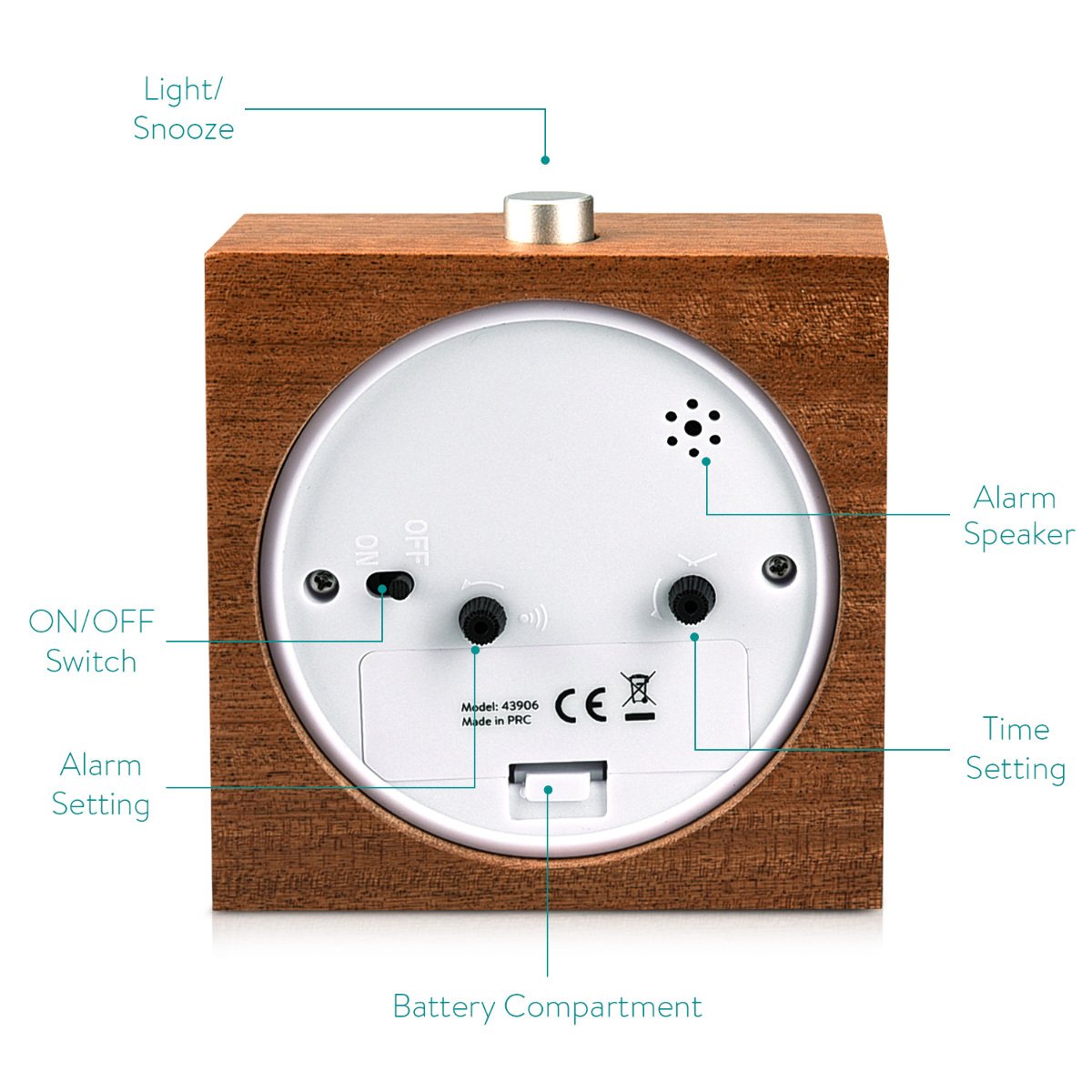 Navaris Analogue Wooden Alarm Clock with Snooze - Retro Clock with Dial Alarm Light - Quiet Vintage Wood Table Clock Without Ticking - Natural Wood in Light Brown