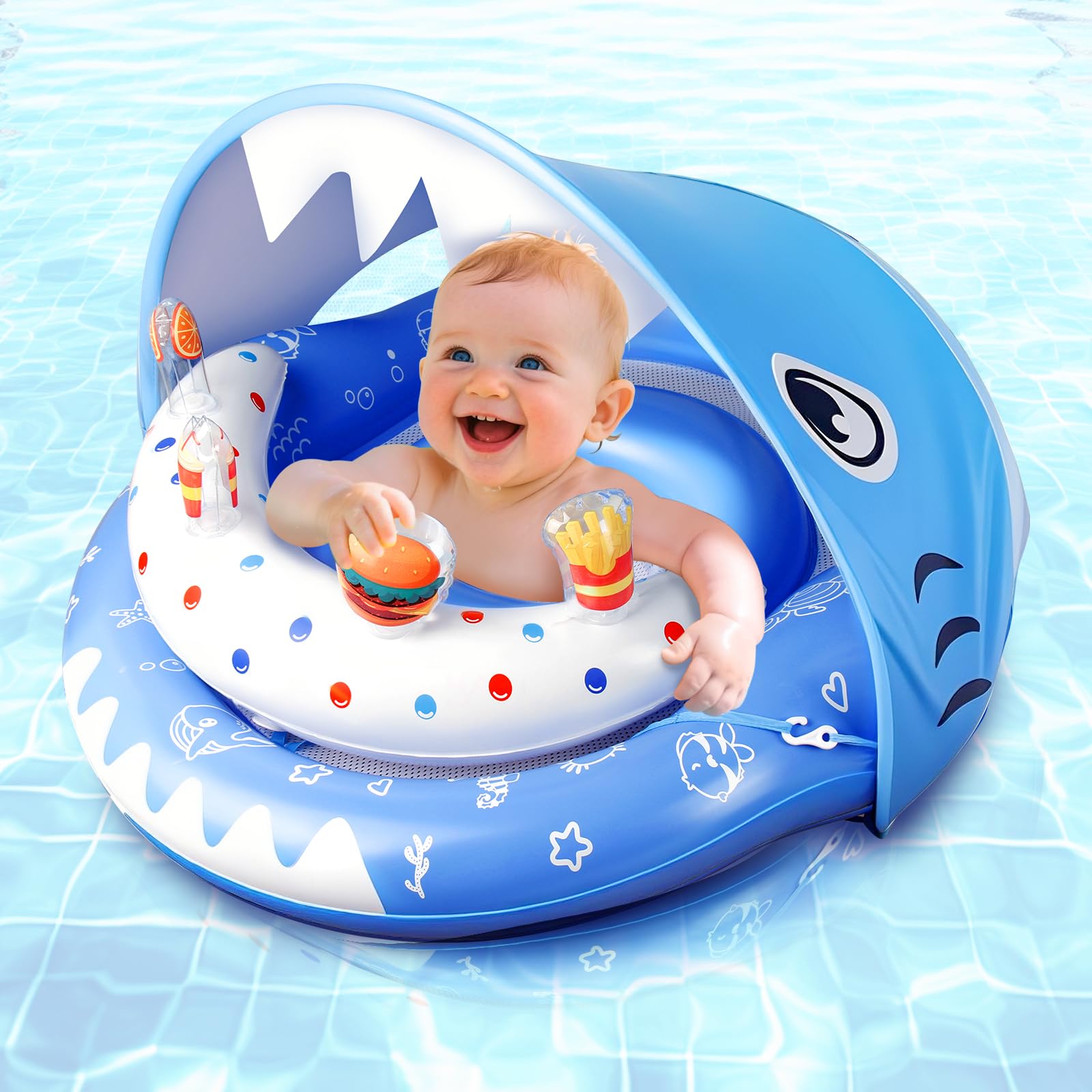 Photo 1 of Baby Pool Float with Canopy UPF50+ Sun Protection, Baby Floaties Shark Swimming Toy for Infant, Toddler, Adjustable Safety Seat for 3-36 Months, Summer Gift, Pool, Bathtub, Beach