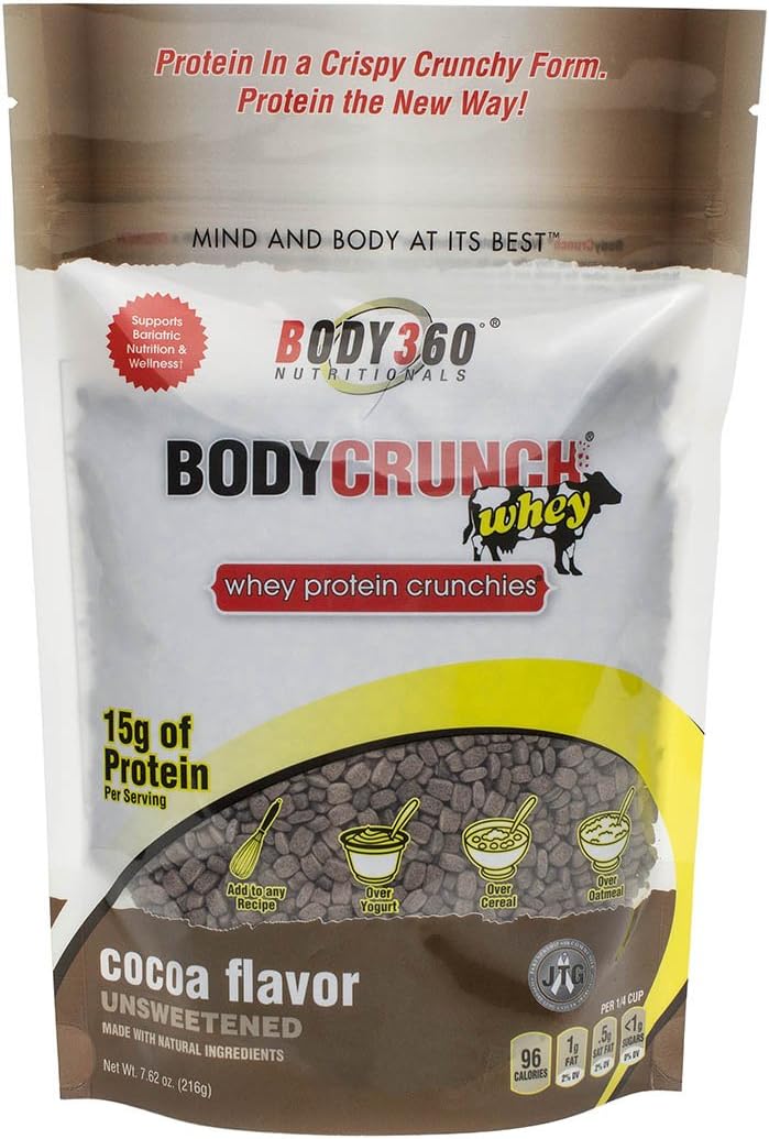 BodyCrunch Whey Protein Crunchies Cereal Supplement, Cocoa Unsweetened Flavor, Ultra Premium Quality Whey Protein Isolate/Concentrate Blend, 15G Of Protein & 7 Carbs, 8.5 Servings, Made In THE USA, 7.62 Ounce