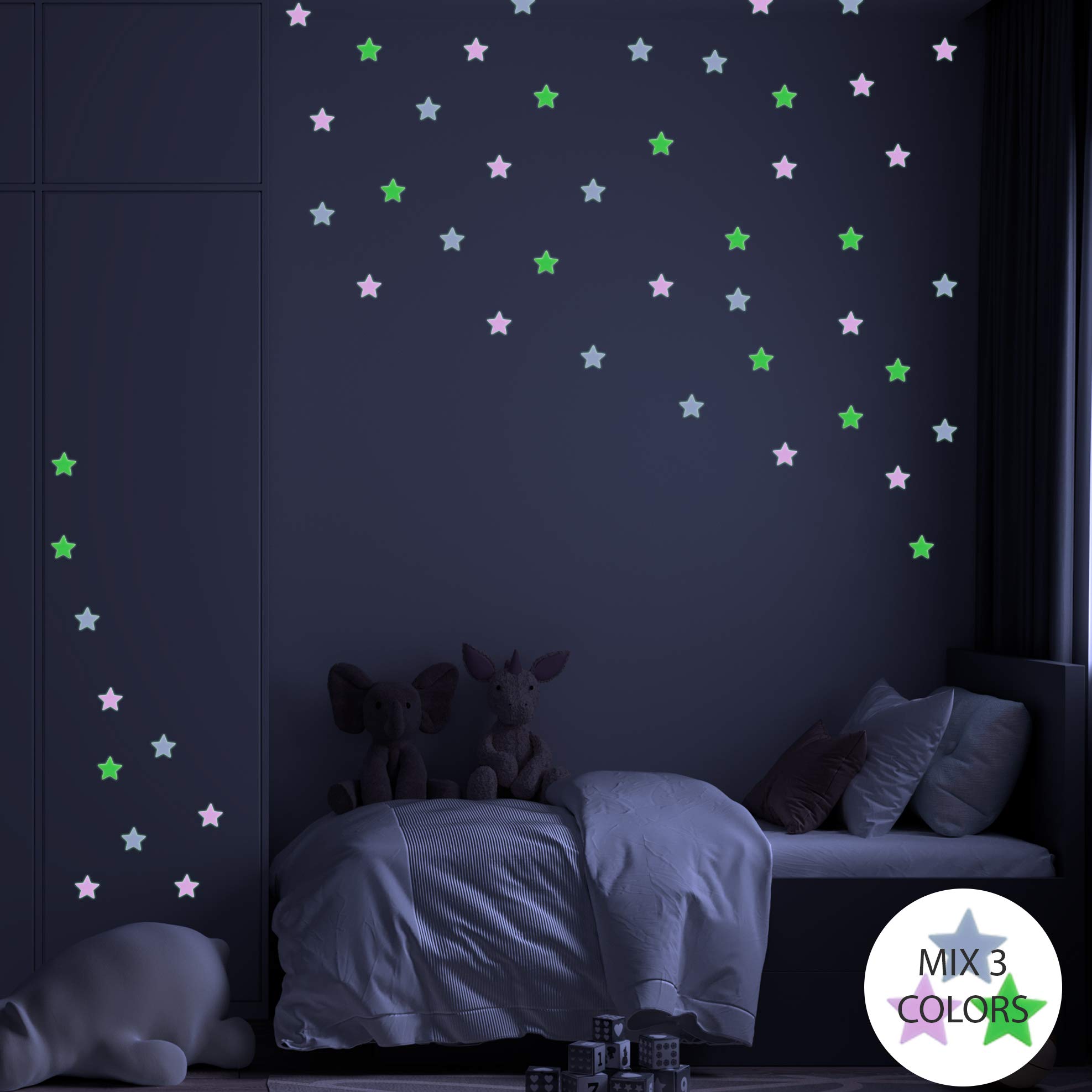 Wall Stickers Glow in the Dark 3D Mix Color Stars. Decorative Vinyl Stickers Starry Sky fluorescents. 4.2cm Bright Star Room Decor, boy and Girl